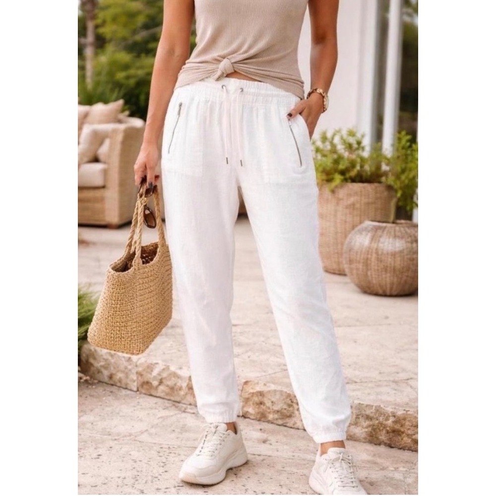 NEW Athleta Cabo Linen Joggers Womens Plus Size 18 White Coastal Resort Natural